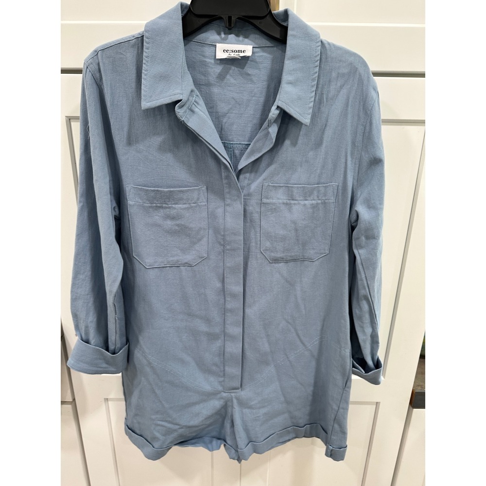Ee:some Los Angeles Women Blue Utility Romper Long Sleeve Button Front Small